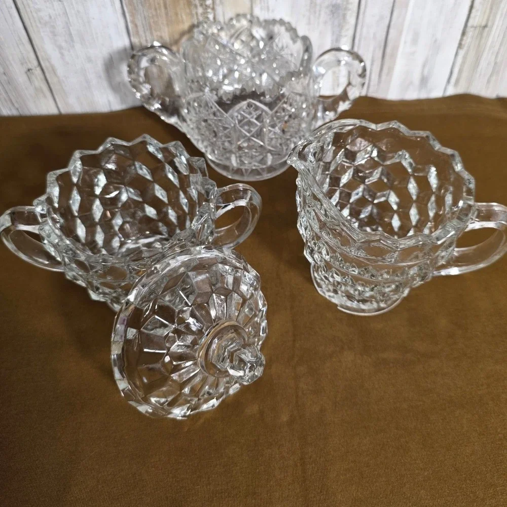 Vintage Fostoria American Clear Glass Creamer and Sugar Bowl Set Diamond Point
